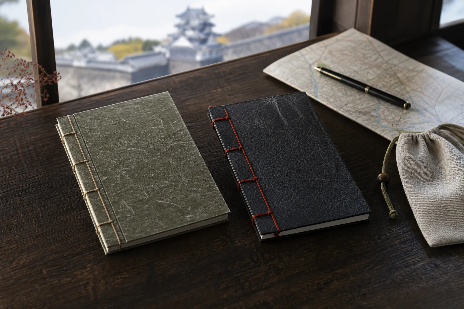 城を望む窓辺に用意した二冊の旅の帳面