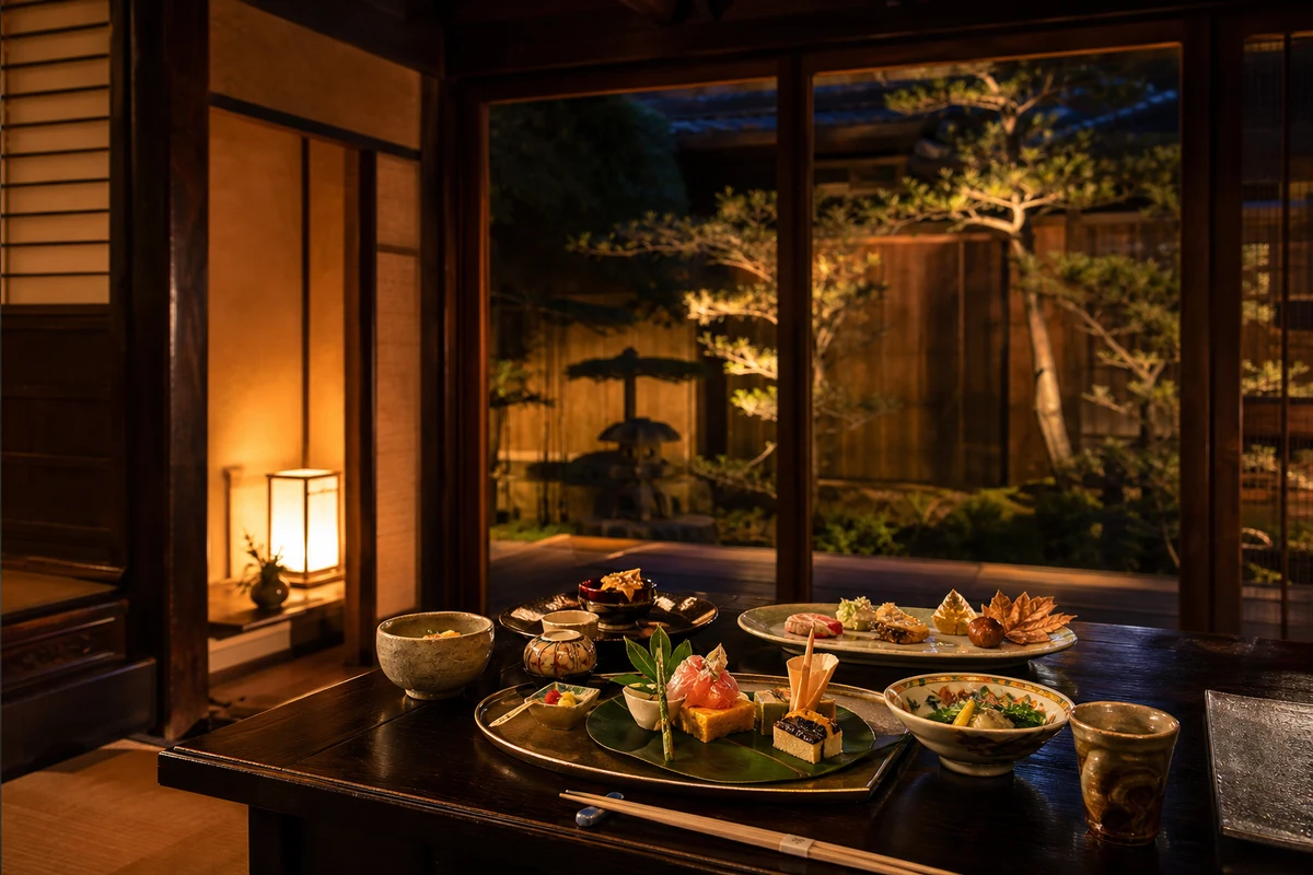 歴史ある木造の座敷に整えられた会席料理