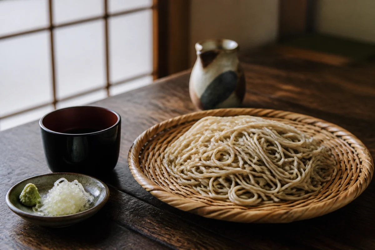 木の卓上に盛られた信州そばと薬味
