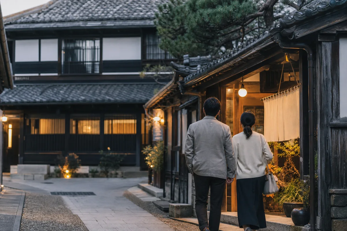 歴史ある町並みで食事処へ向かう二人