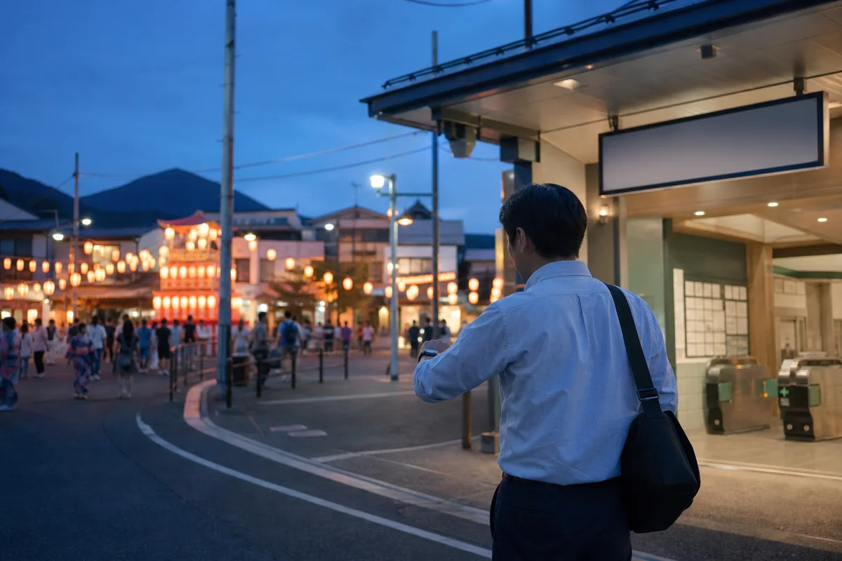 祭り会場から駅へ向かう人