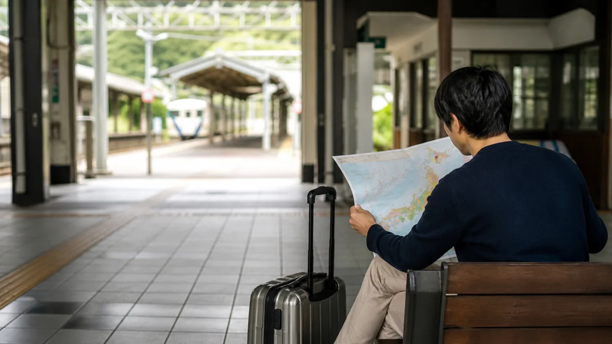 駅で日本地図を広げて行き先を選ぶ旅行者