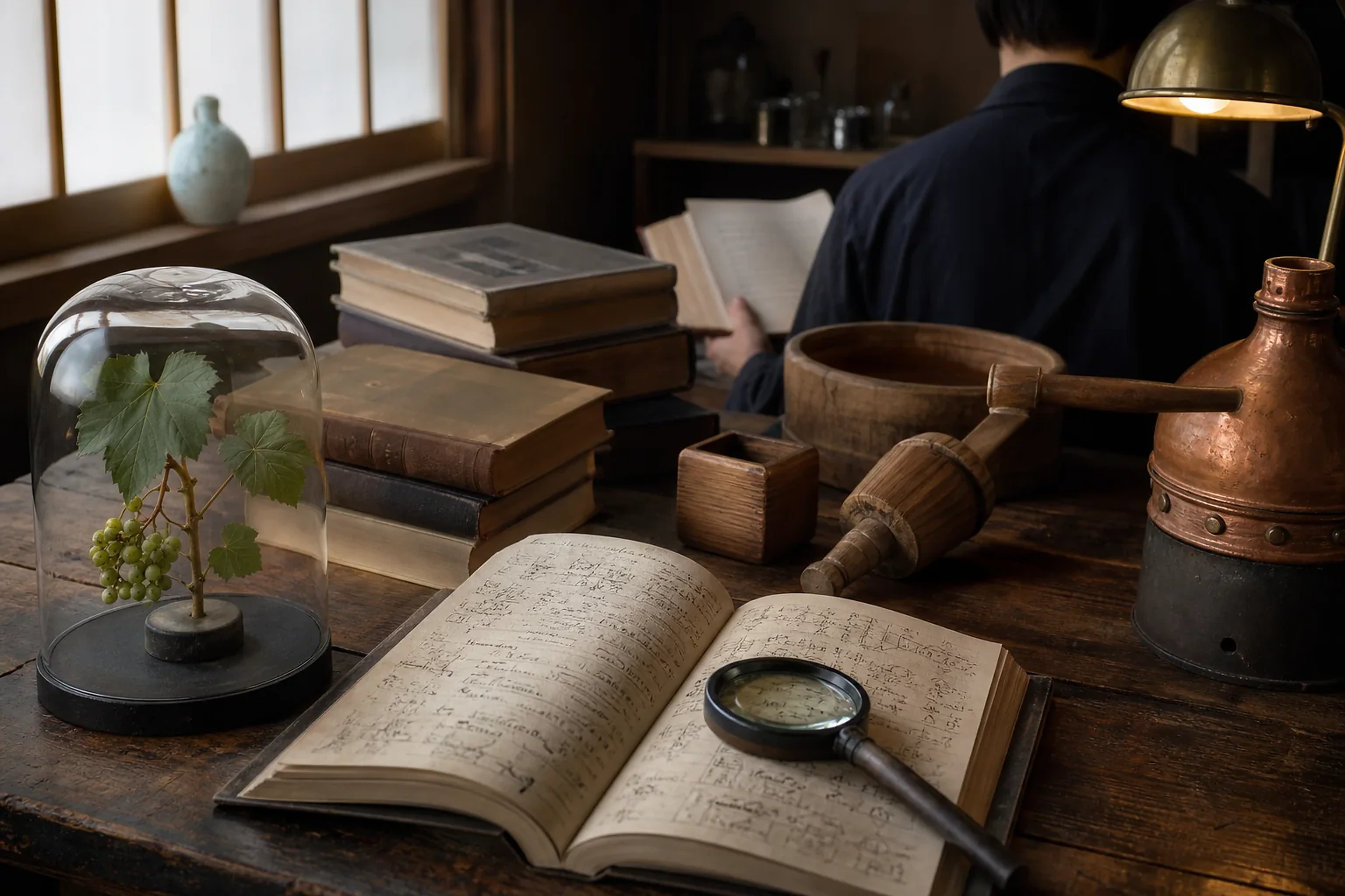 酒造史の本、古いノート、発酵道具を読む研究机