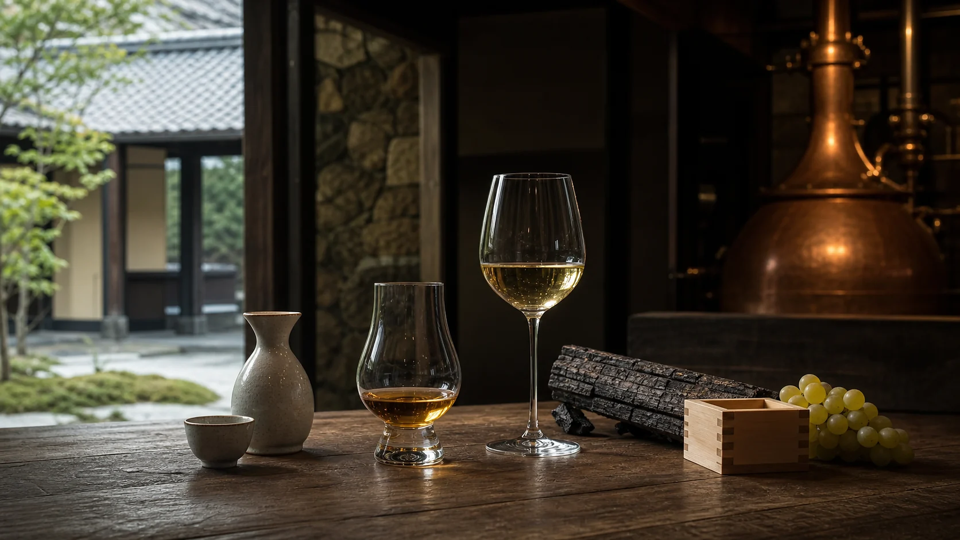 日本酒、ウイスキー、日本ワインの三つの産地を表すテーブル