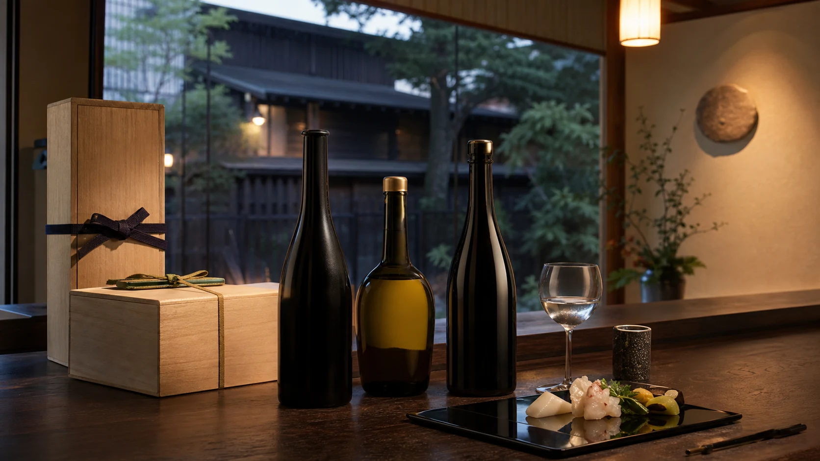 木箱入りの日本酒と薄手の酒器を並べた上質な夕食の支度