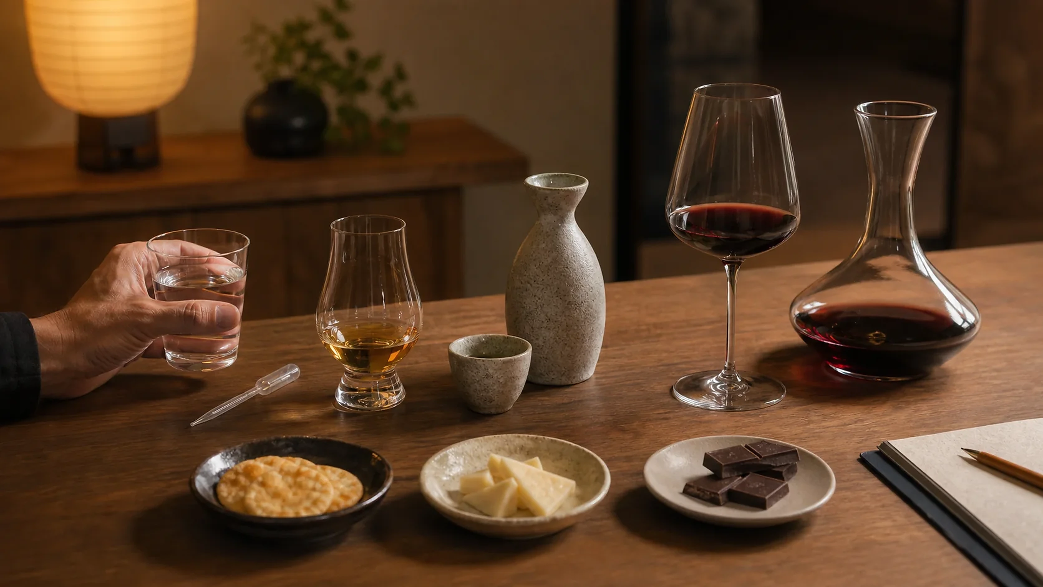 日本酒、ウイスキー、ワインと水を少量ずつ並べたテイスティング