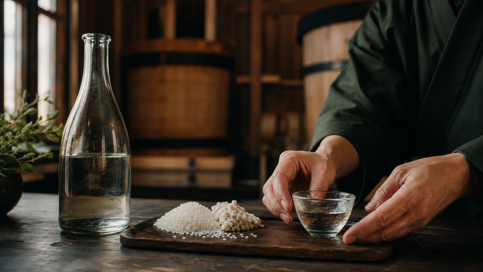 酒蔵で米と麹を前に日本酒を注ぐ造り手