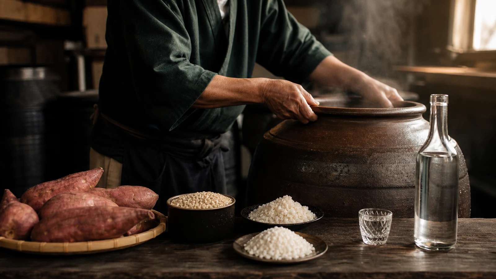 芋、麦、米麹と甕を前に本格焼酎を仕込む造り手
