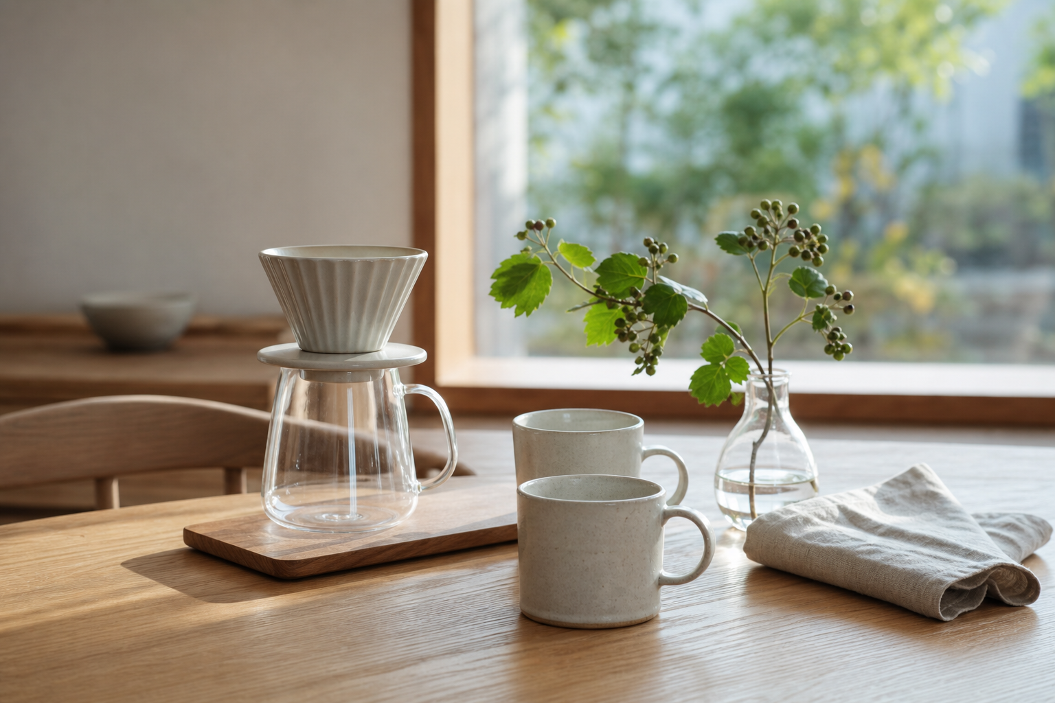 木のテーブルに並んだコーヒードリッパーと二つのマグ