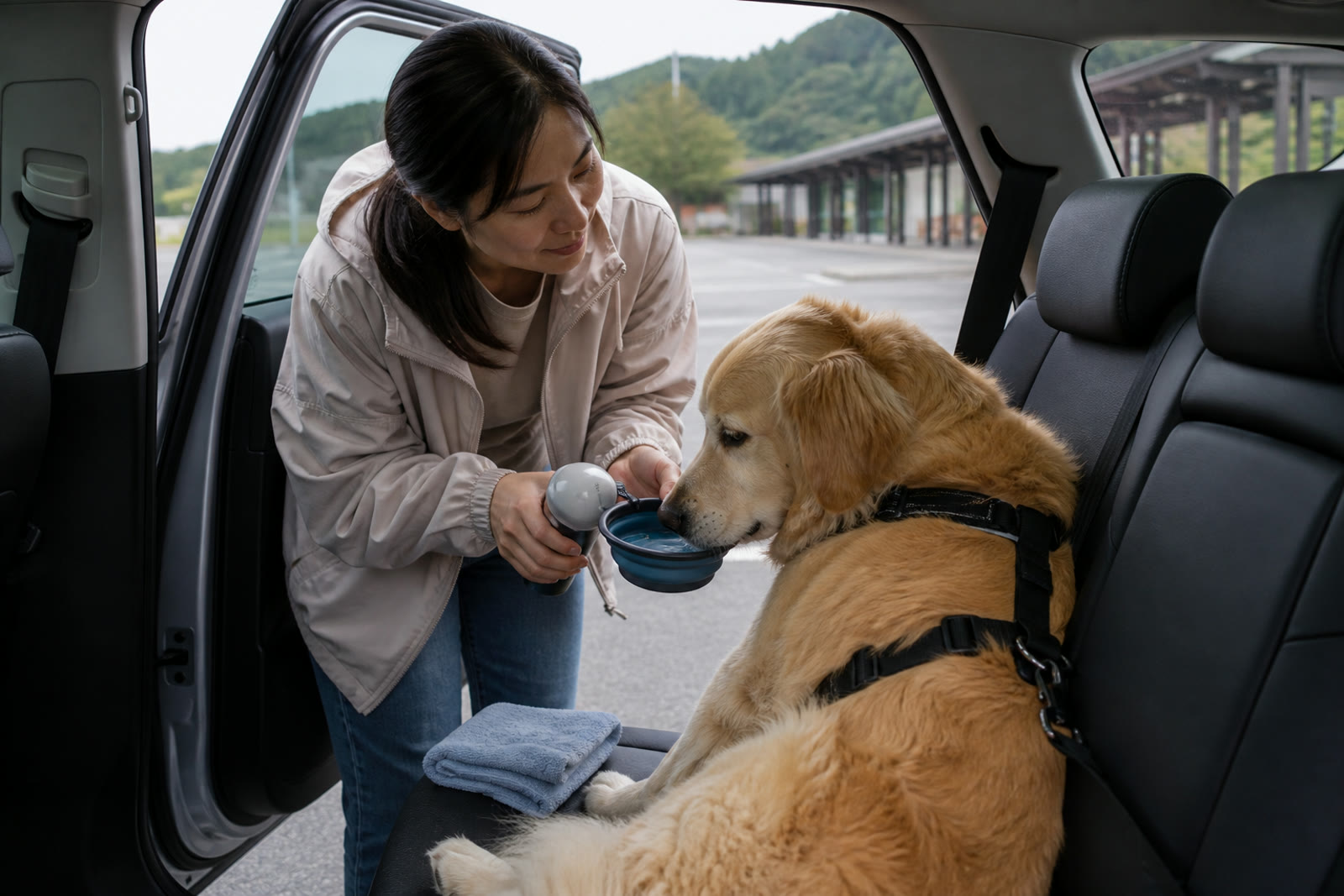 休憩場所で大型犬に水を飲ませる飼い主
