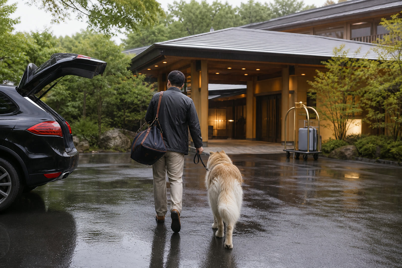 駐車場から屋根のある宿の入口へ向かう大型犬と飼い主