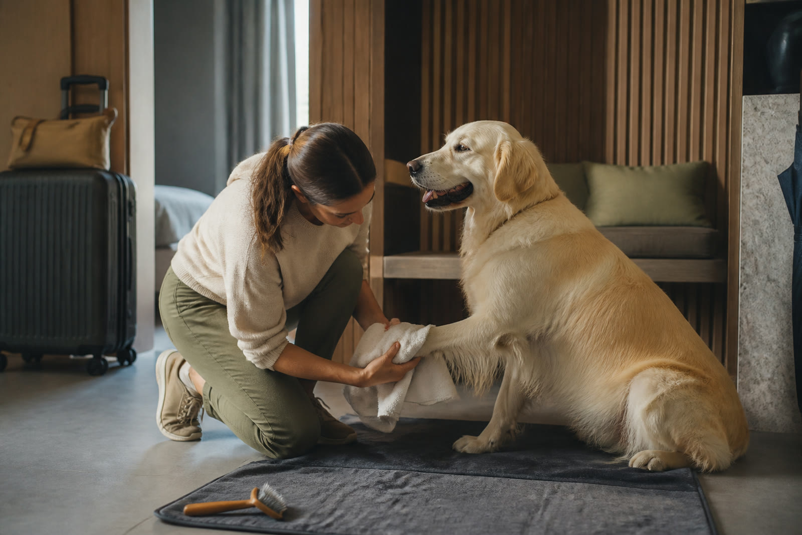 散歩のあとに大型犬の足を拭く飼い主