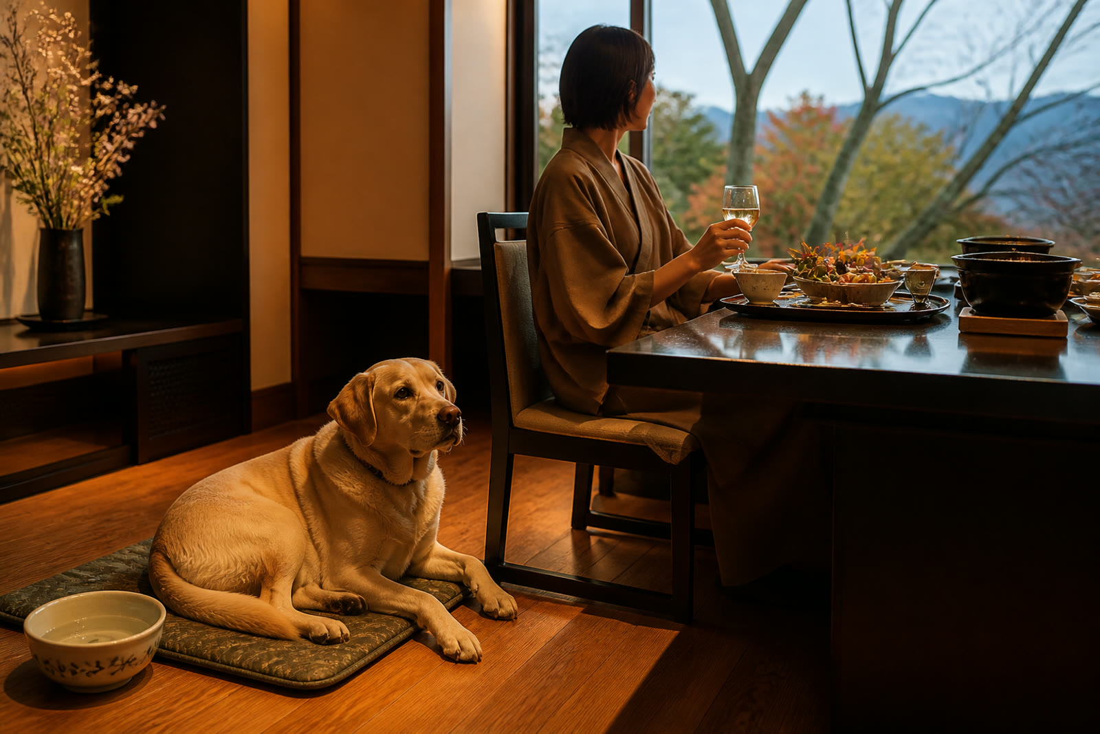宿の個室で飼い主のそばに落ち着いて過ごす大型犬