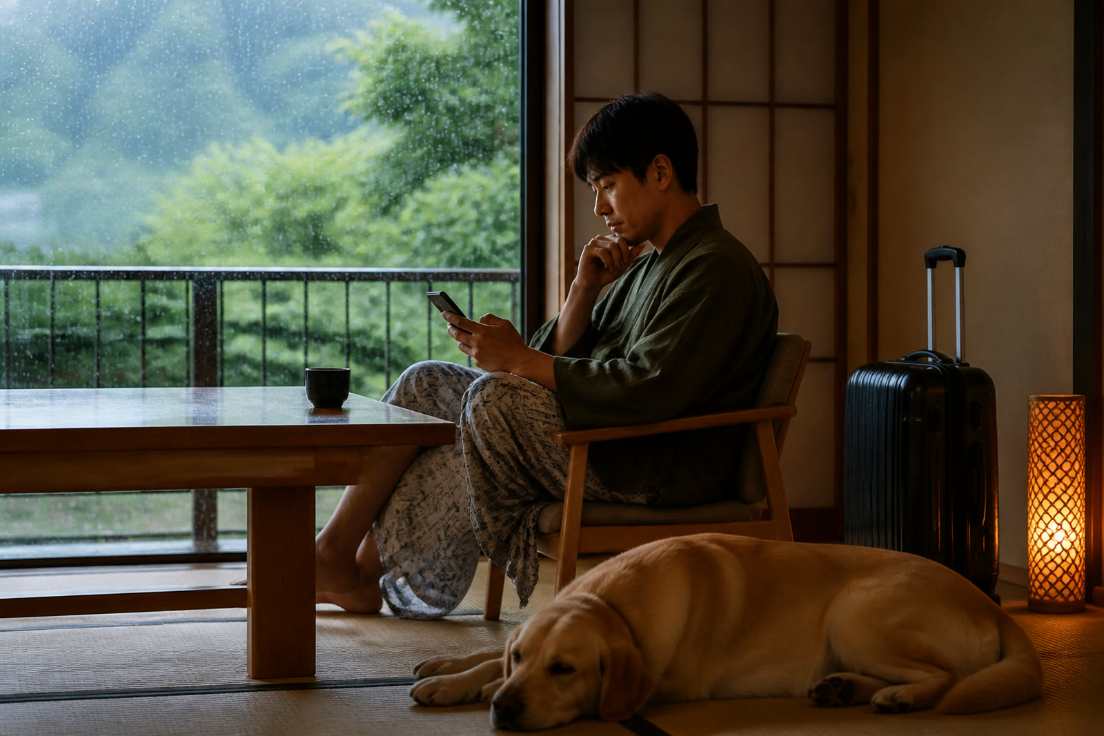 雨天時の予定を客室で確認する大型犬連れの旅行者