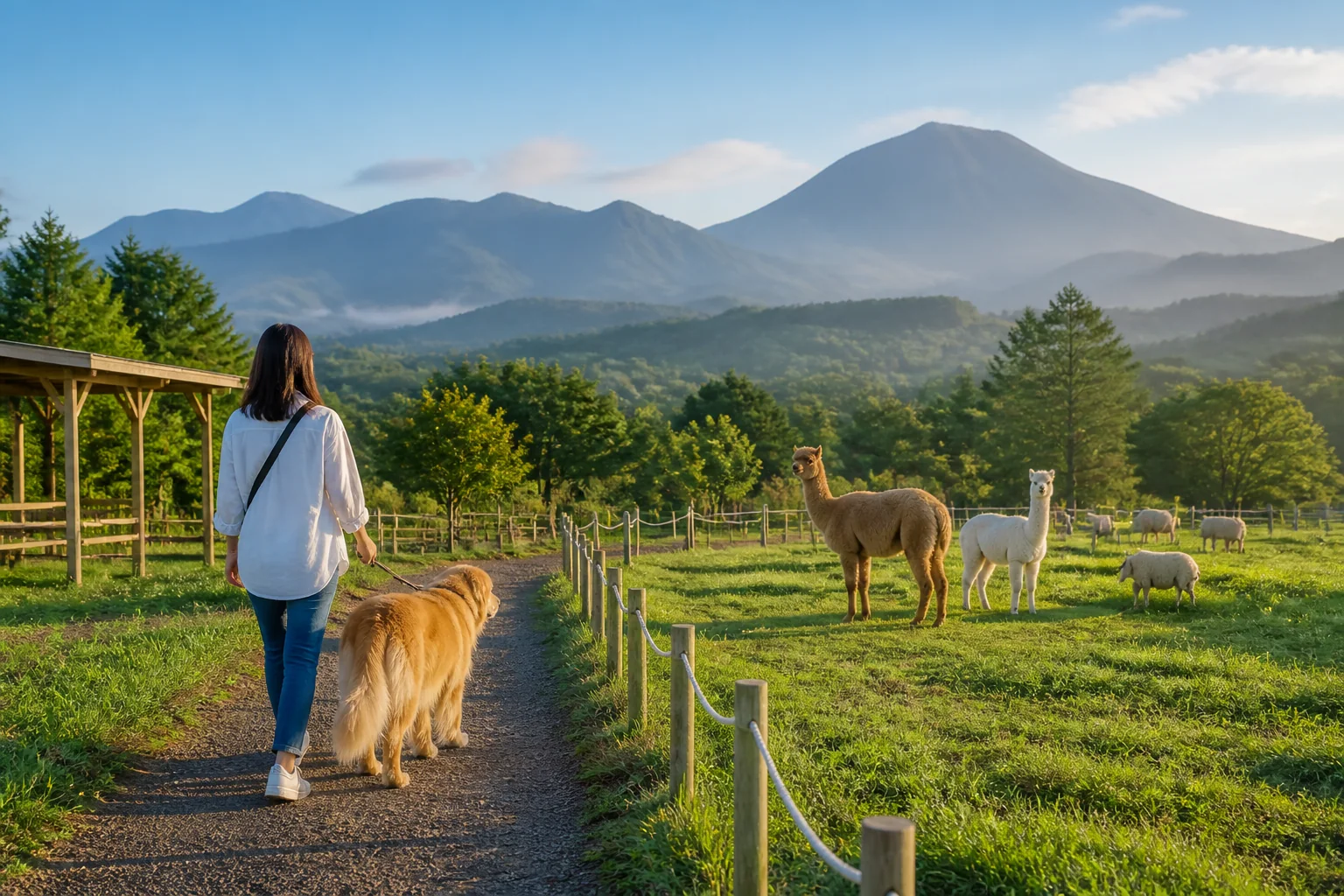 春の高原で過ごす犬