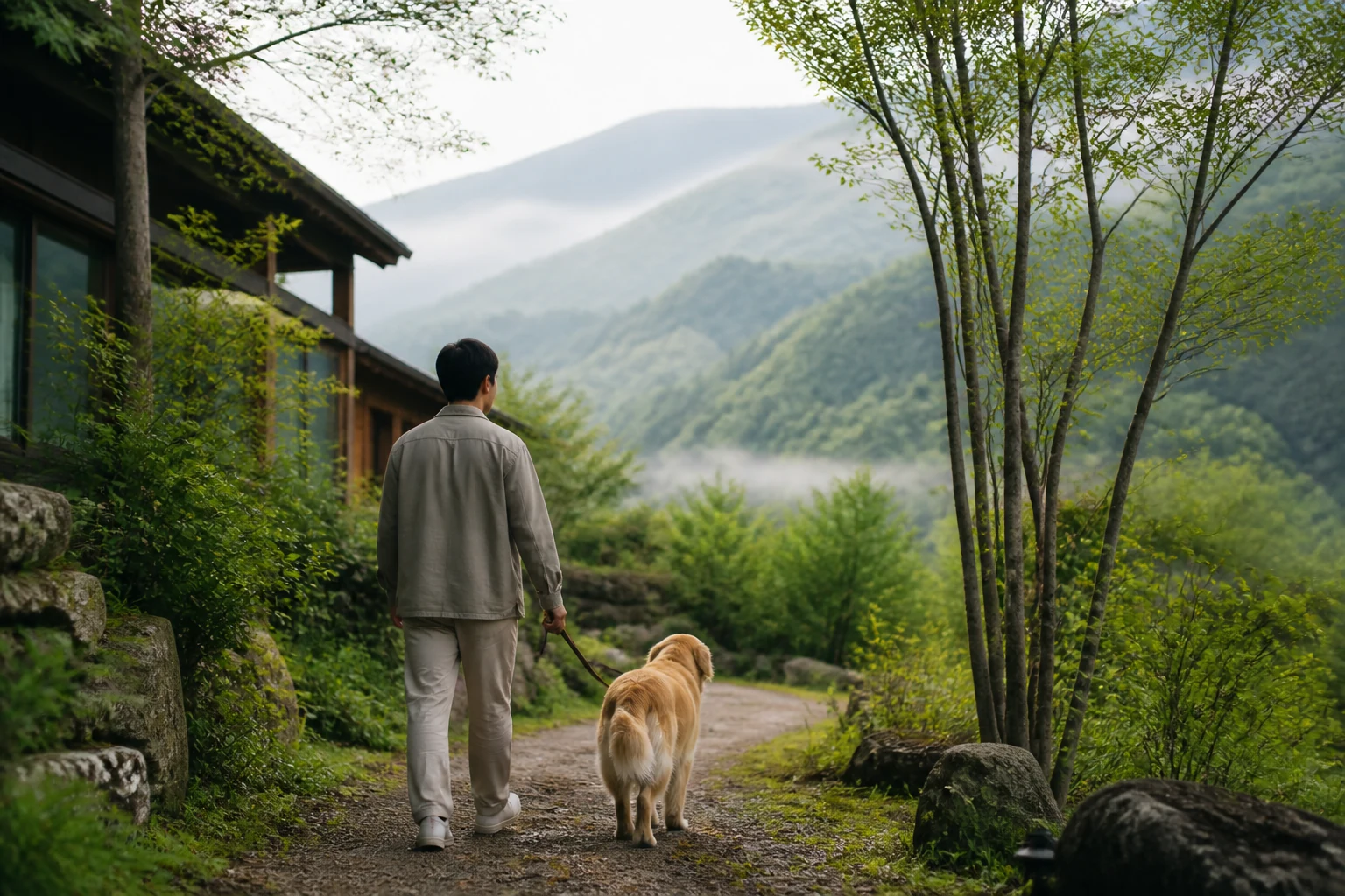 高原の道を犬と歩く