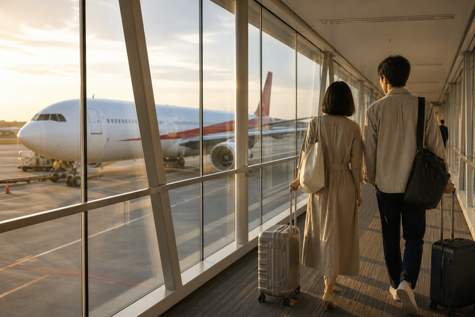 航空機を眺めながら搭乗口へ向かう旅行者
