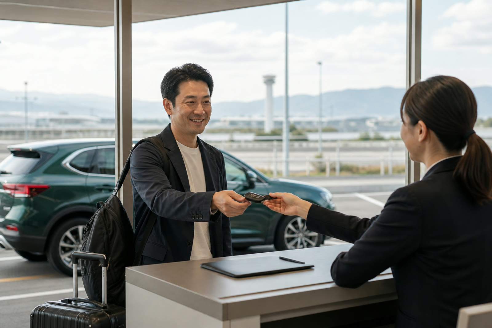 旅先で利用する車と駐車場所を確かめる旅行者
