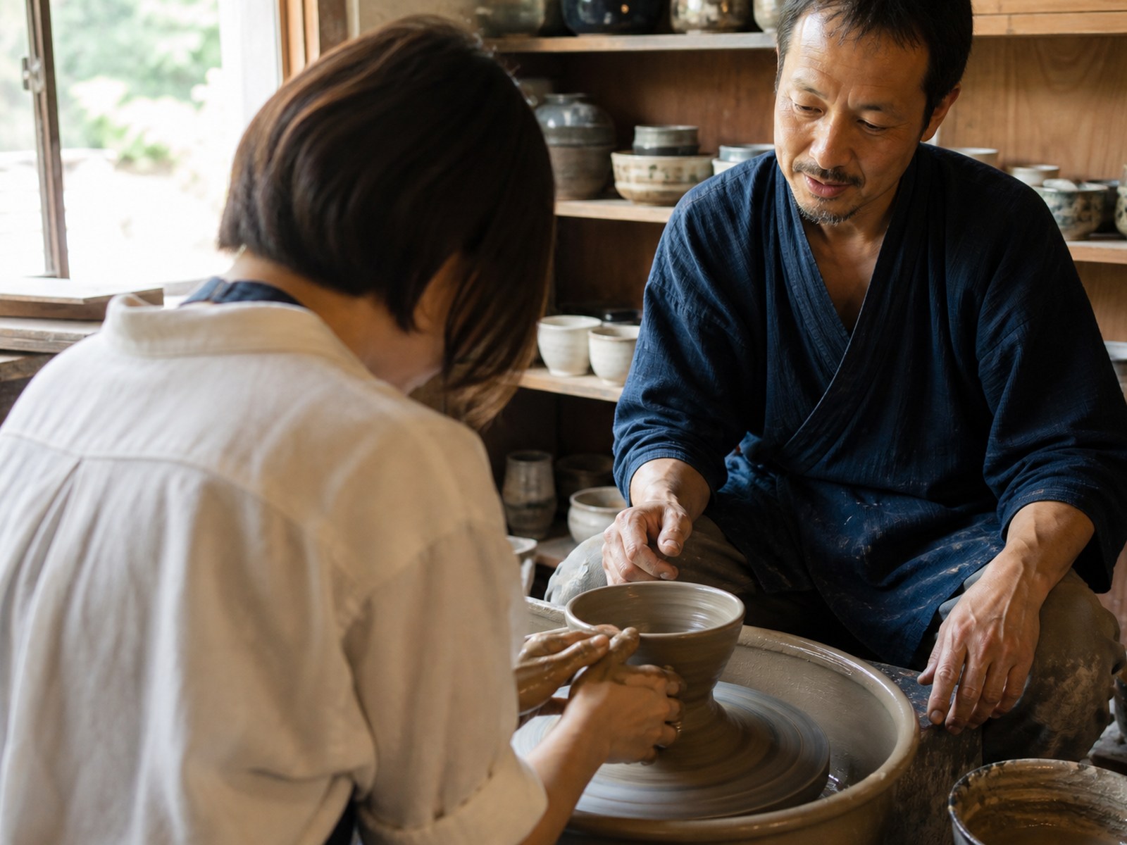陶芸工房でろくろを体験する旅行者