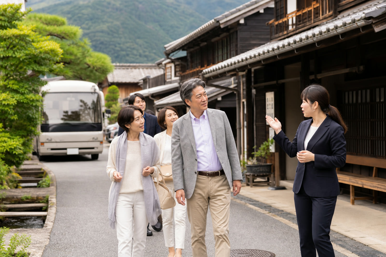 案内人と歴史ある町を歩く旅行者
