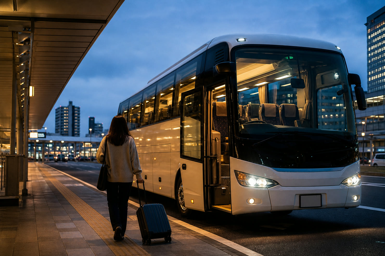 夕方のバスターミナルから高速バスへ向かう旅行者