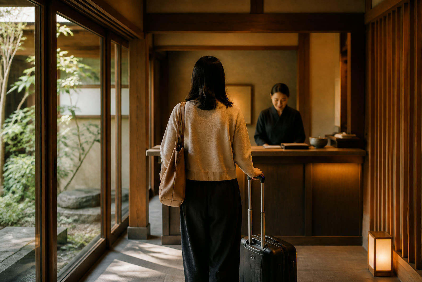 予定より早く宿へ到着し荷物を預ける旅行者