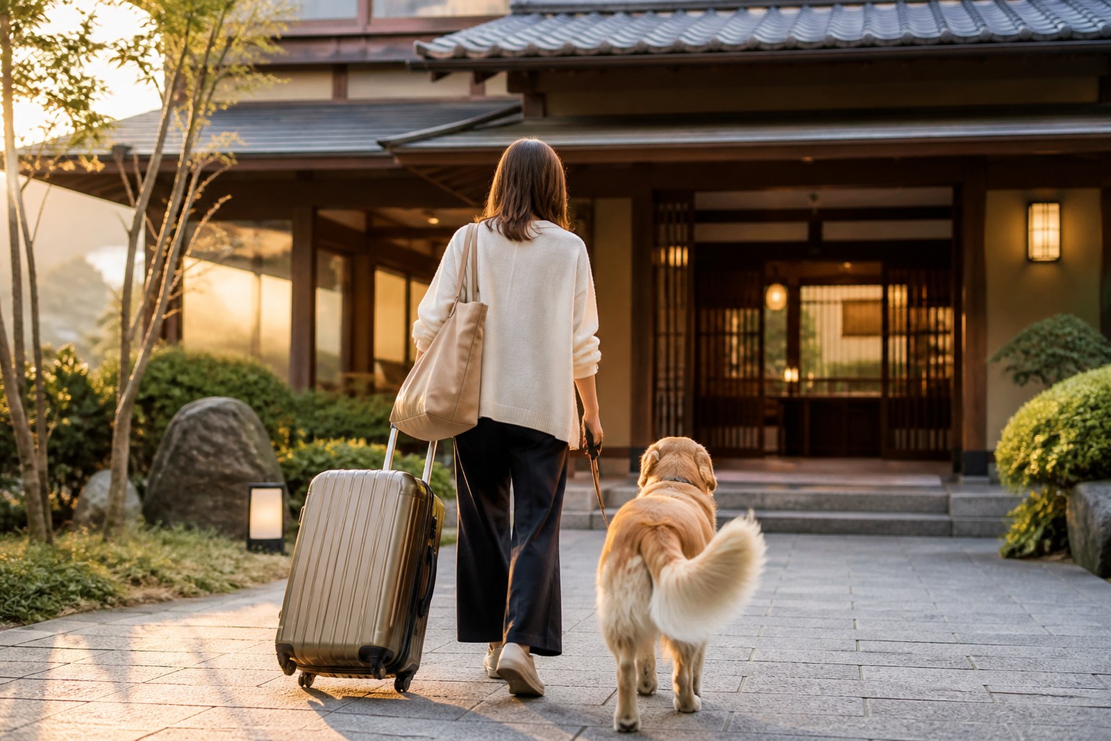 大型犬と一緒に旅館へ向かう旅行者