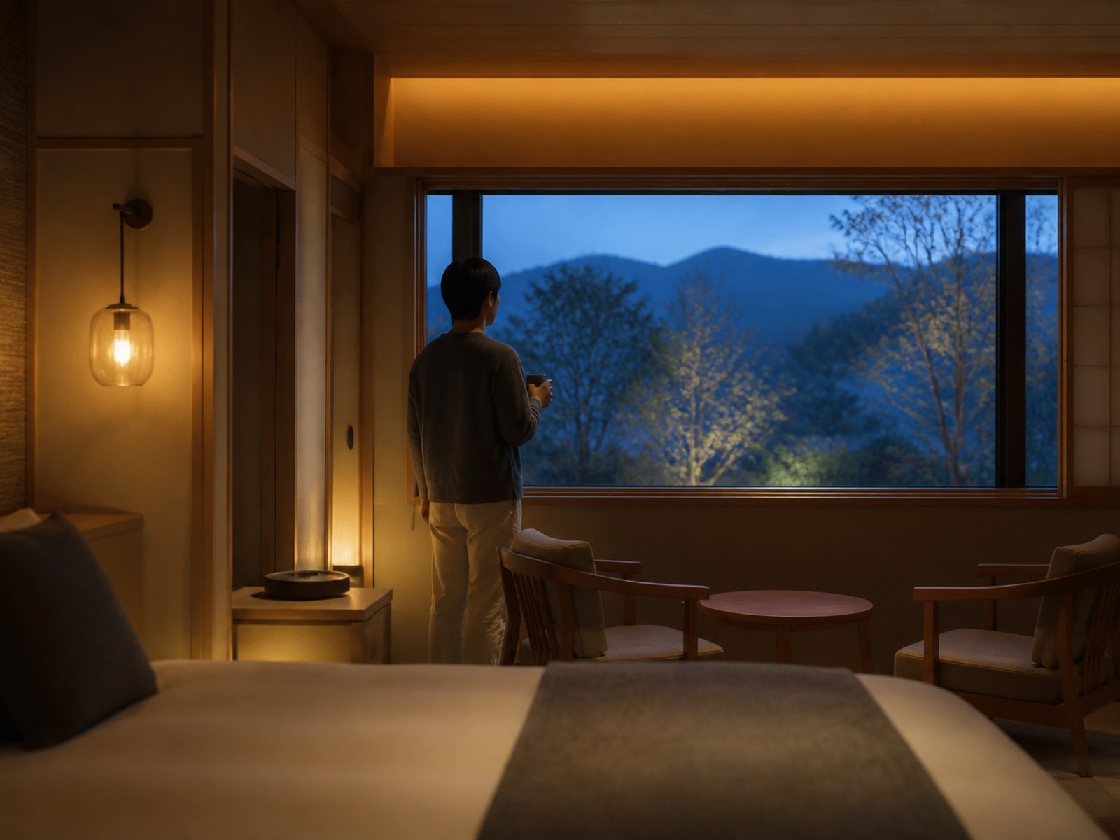 旅館の客室から夕暮れの山を眺める旅行者