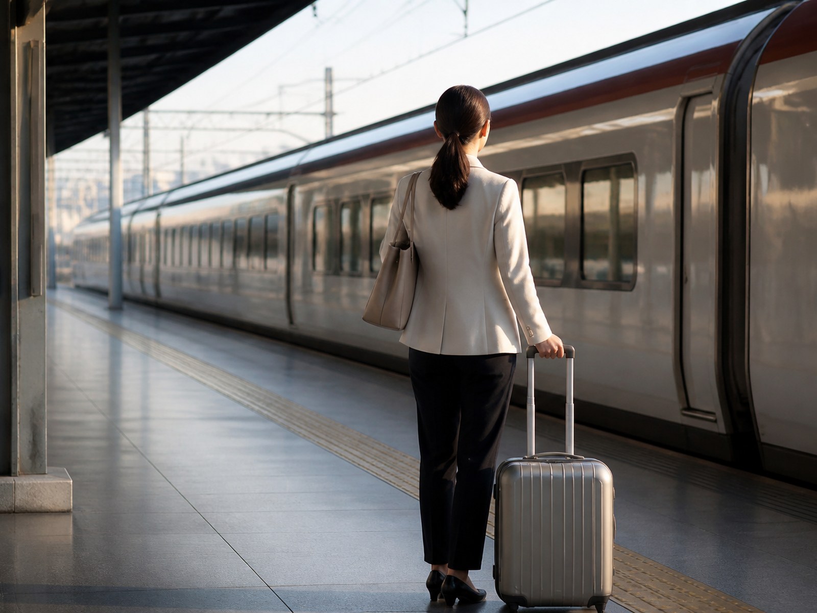 列車を前にスーツケースを持って出発を待つ旅行者